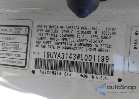 1998 Acura Cl 2.3 из США, поврежденный, VIN 19UYA3143WL001199